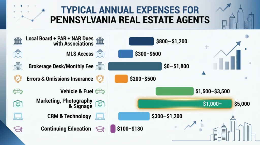 Illustrative annual business expenses, including dues, insurance, transport, marketing and continuing education