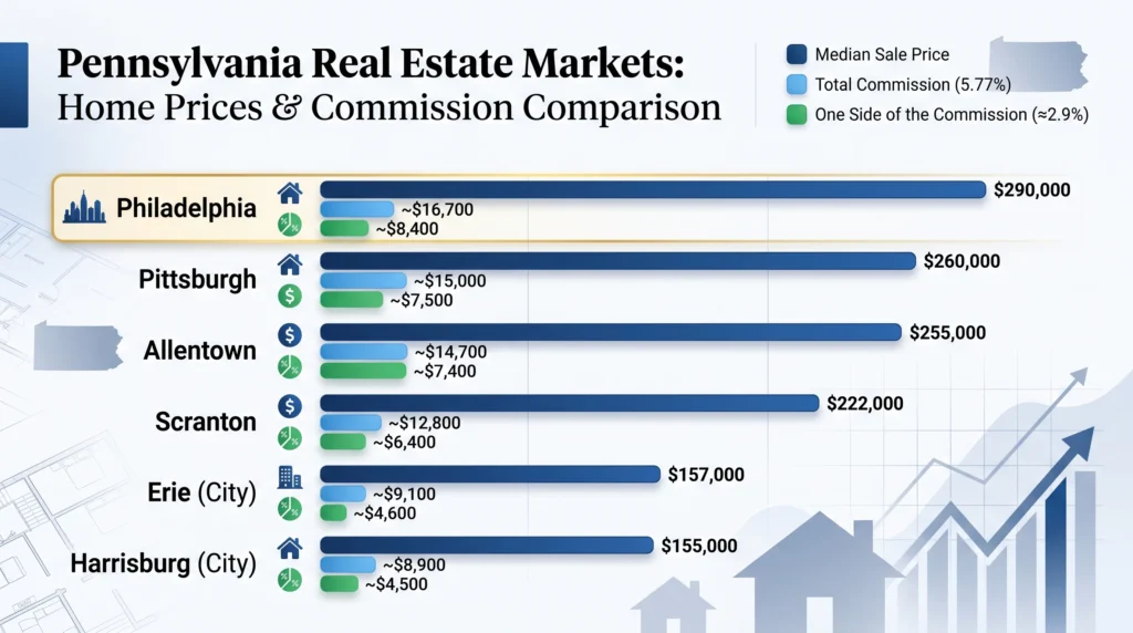 Illustrative comparison of home prices and commission amounts across six Pennsylvania cities