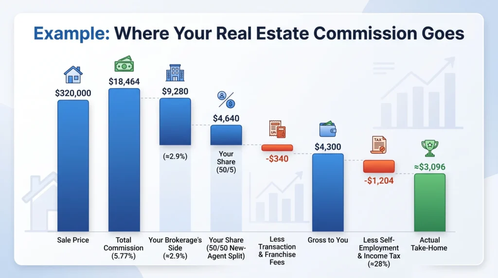 Example showing deductions from a real estate commission for brokerage splits, fees and taxes
