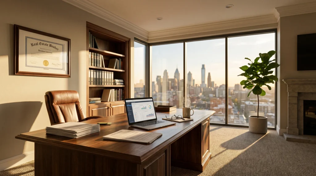 Real estate office with a laptop, document files and a city view