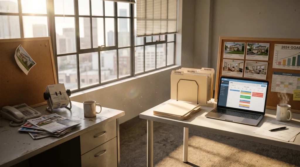 Real estate workspace with client folders, property listings and a laptop calendar