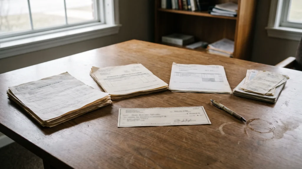 Commission check and stacks of transaction paperwork on a desk