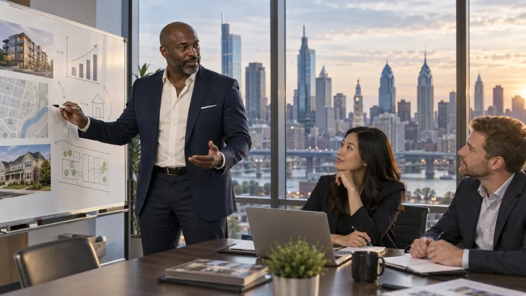 Real estate broker leading a team planning meeting