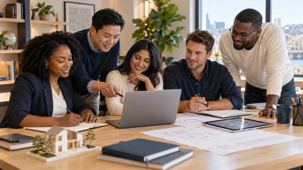 Adults reviewing floor plans together around a laptop
