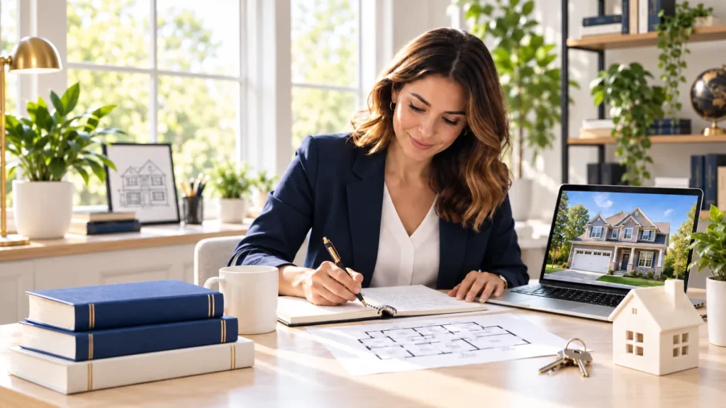Student studying Real Estate Fundamentals with a floor plan and model home