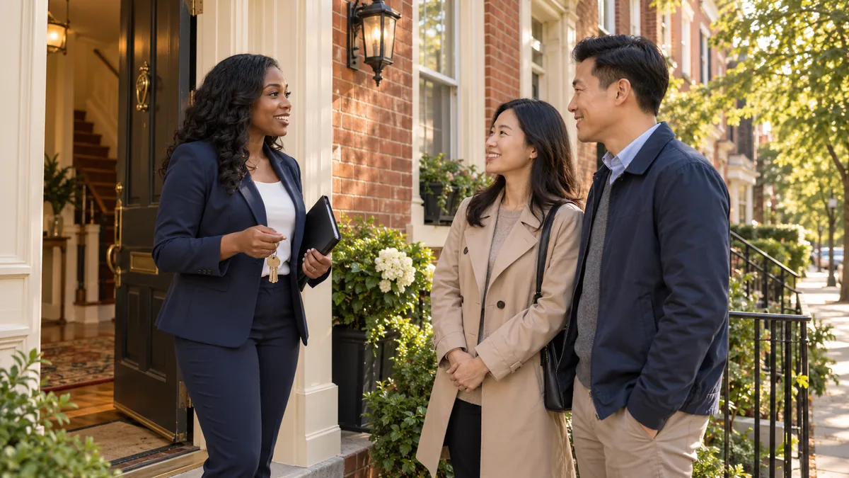 A real estate agent welcoming buyers to a Pennsylvania home showing